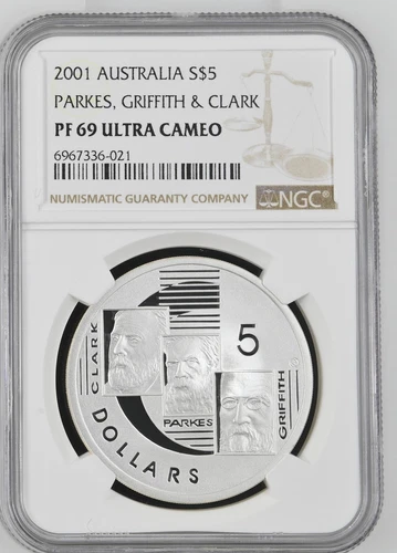 2001 Australia Clark Parkes Griffith Silver 5 Dollars Silver Coin - NGC PF 69 UC