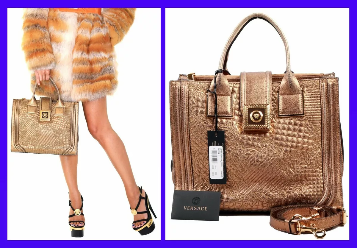 NEW VERSACE ICON MICRO VANITAS QUILTED BRONZE METALLIC LEATHER BAG