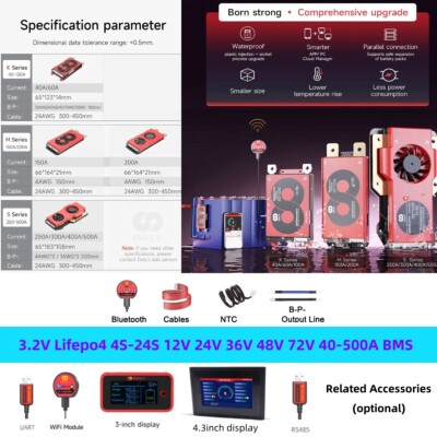 Daly 4S-24S 12V 24V 36V 48V 72V 40A-500A 3.2V Lifepo4 Smart BMS with NTC BT lot