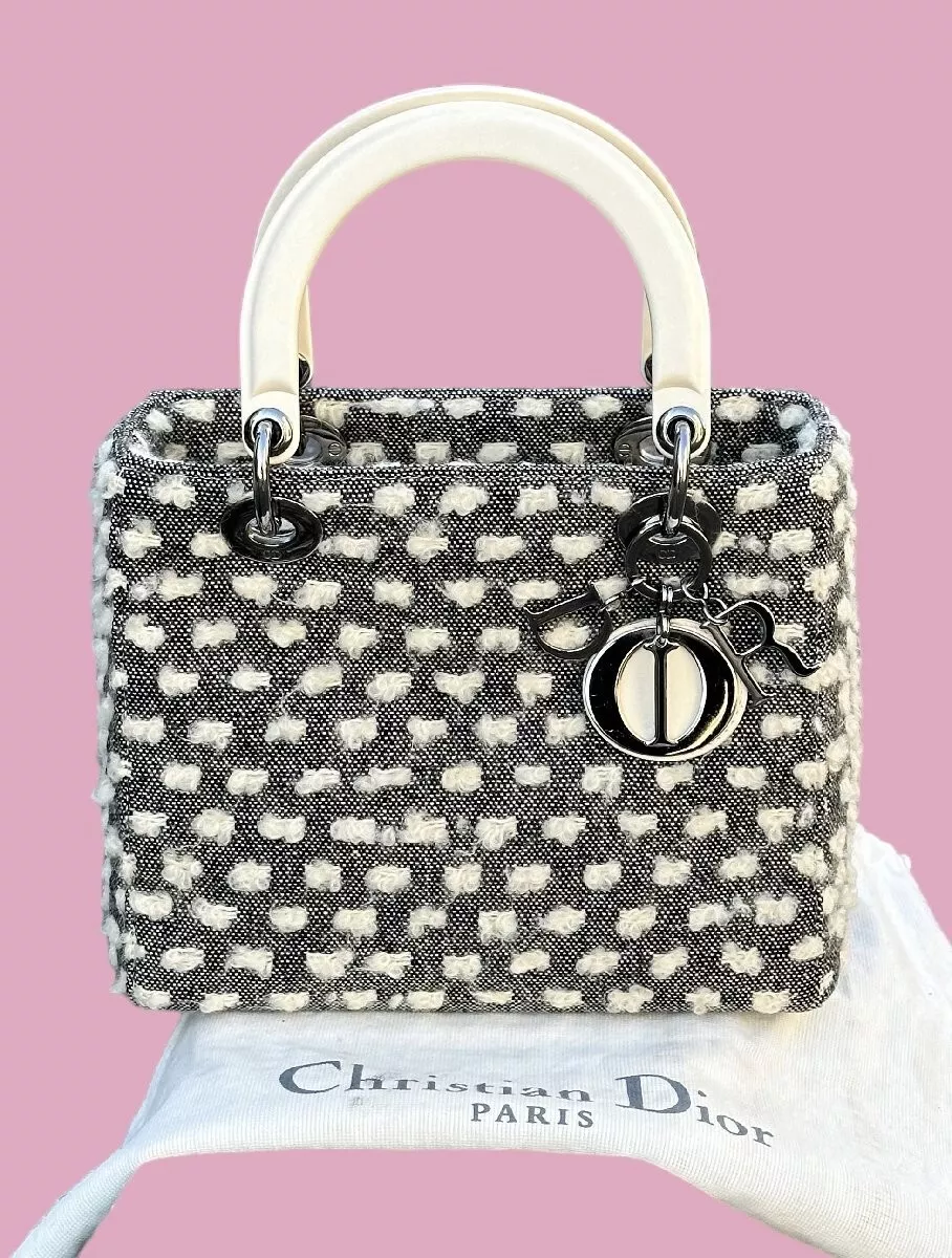 CHRISTIAN DIOR Lady Dior sac à main cannage vintage tweed laine noir x ivoire blanc