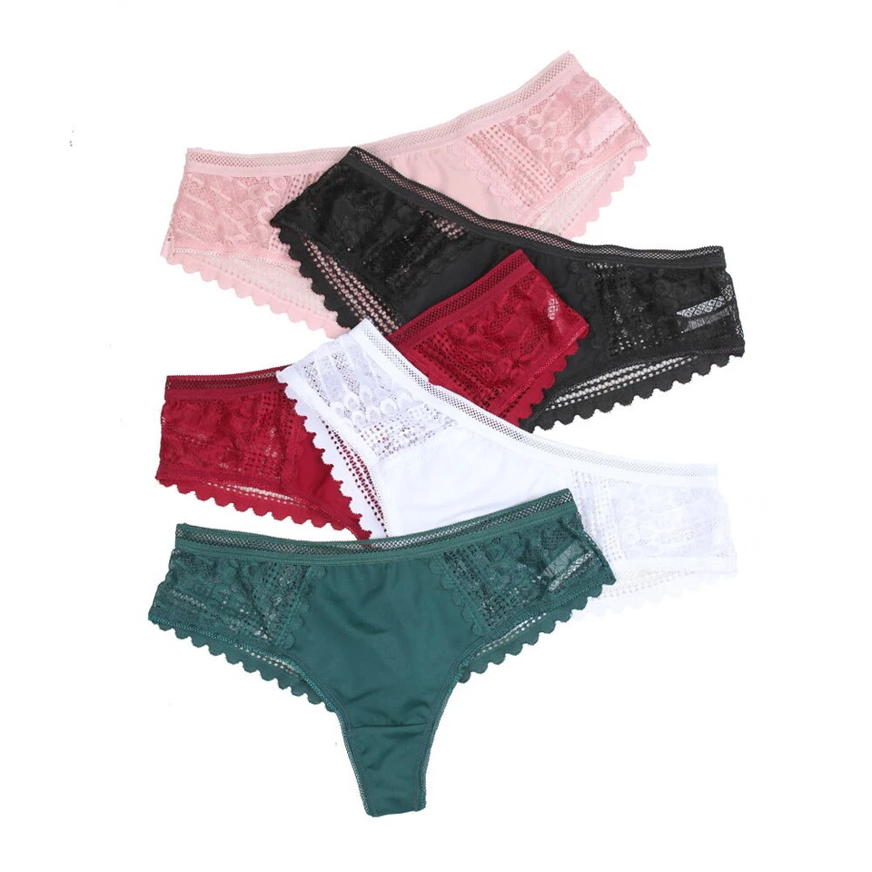 5 Pack Lot Women Sexy Thongs Lace G-string Semi Sheer Panties Lingerie Underwear - Image 3 of 4