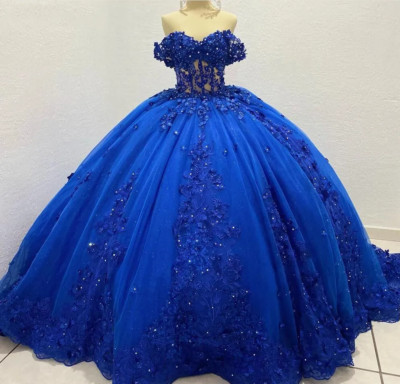Royal Blue Quinceanera Dresses 3D Flowers Beading Off Shoulder Party Ball Gowns