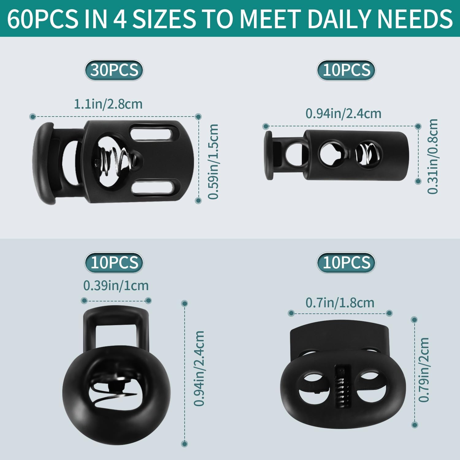 60 Pack 4 Sizes Plastic Cord Lock, Spring Toggle Stopper With, Draw String Clip,