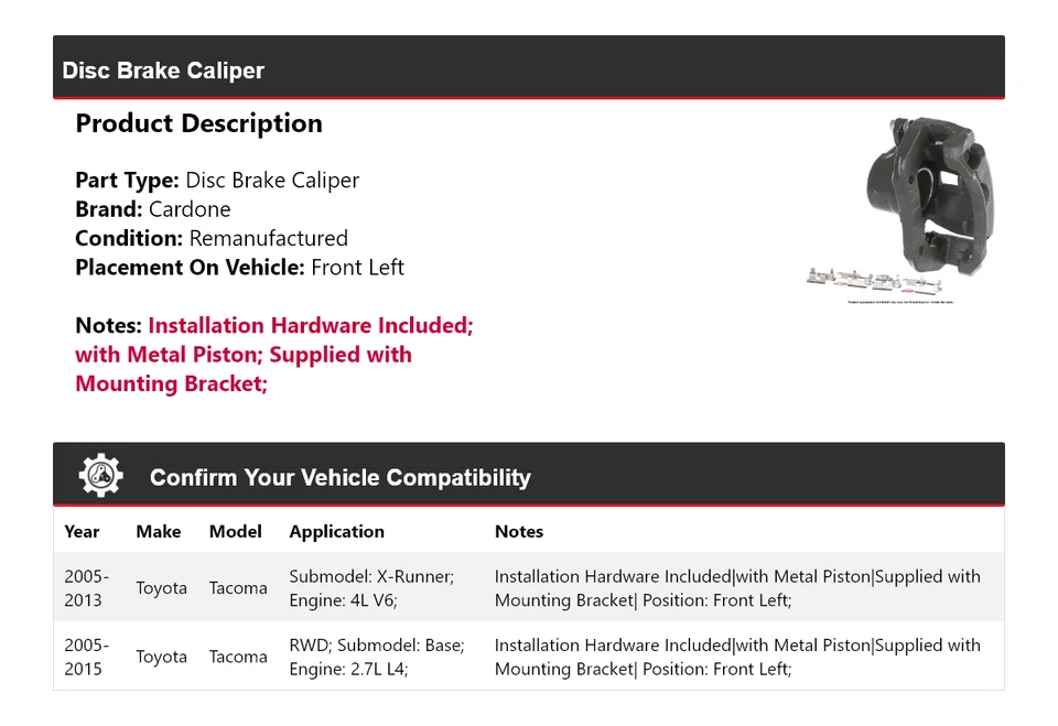 For 2005-2015 Toyota Tacoma Disc Brake Caliper Front Left Cardone 2006 2007 2008 - Image 2 of 4