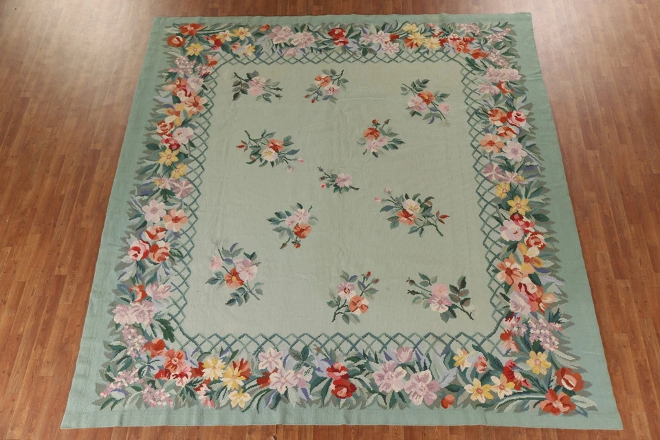 Square Green Needlepoint Living Room Rug 10x11 Hand-Hooked Wool for Dining Room - Image 3 of 4