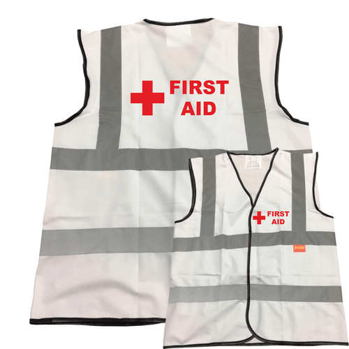 PRINTED FIRST AID WHITE HI VIS VEST WAISTCOAT JACKET, MEDICAL, FIRST AIDER MEDIC - Picture 1 of 4
