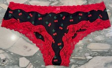 NEW Victoria Secret Tease Fun  Flirty Lace Trim Cheeky Panty Black Cherries XL