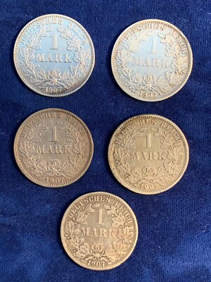 GERMANY EMPIRE  1907-A-D-E-F-G  1 MARK SILVER COINS, GROUP LOT OF (5)