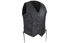 Women's Black Leather Motorcycle Vest with Concealed Carry Pockets & Side Laces