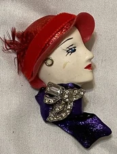 Lady Face Profile Porcelain-Look pin Brooch handmade Red Hat Society