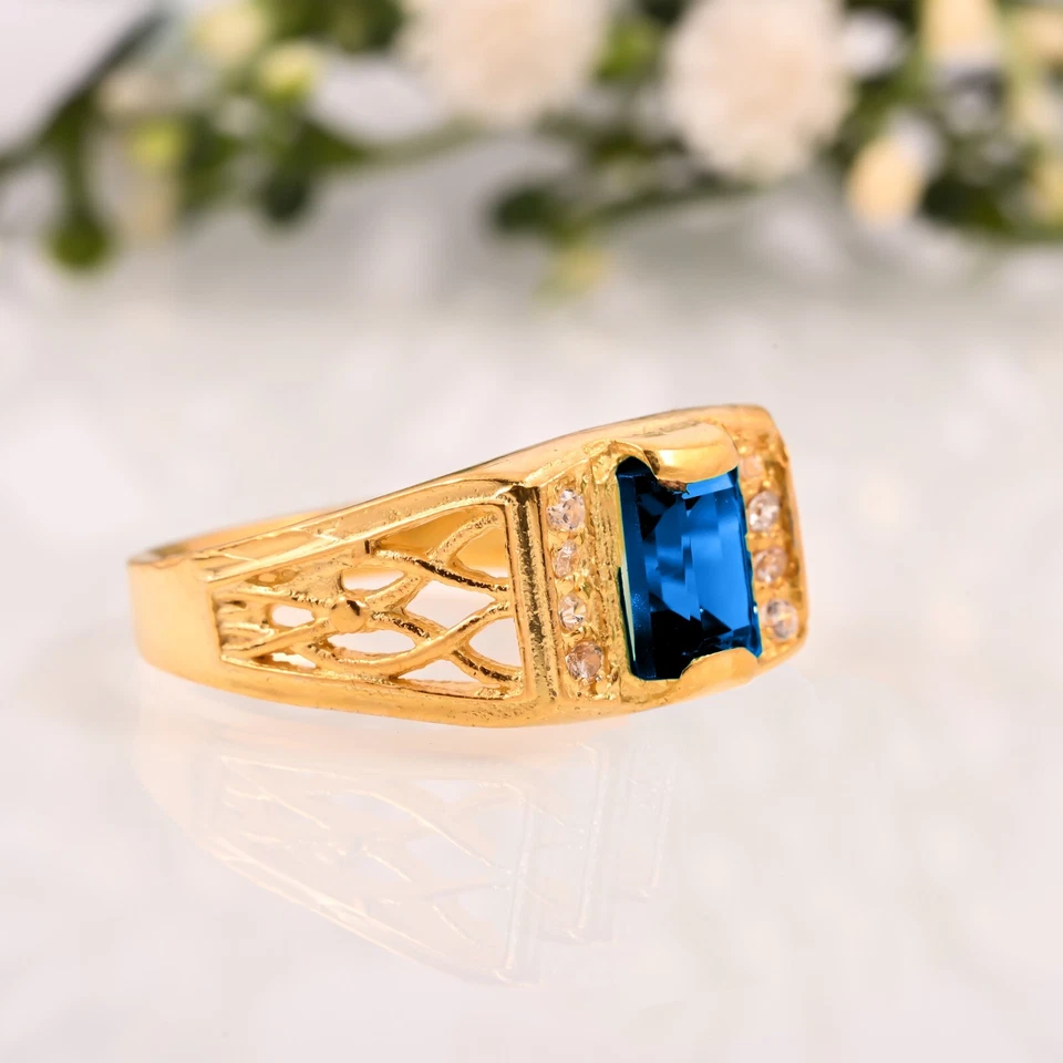 Anel feito à mão AAA natural topázio azul Londres ouro amarelo 14K para presente de casamento. - Imagem 3 de 3