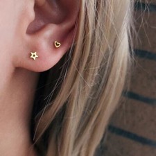 Womens Girls Surgical Steel Gold Tiny Star Heart Ear Stud Earrings Screw Back