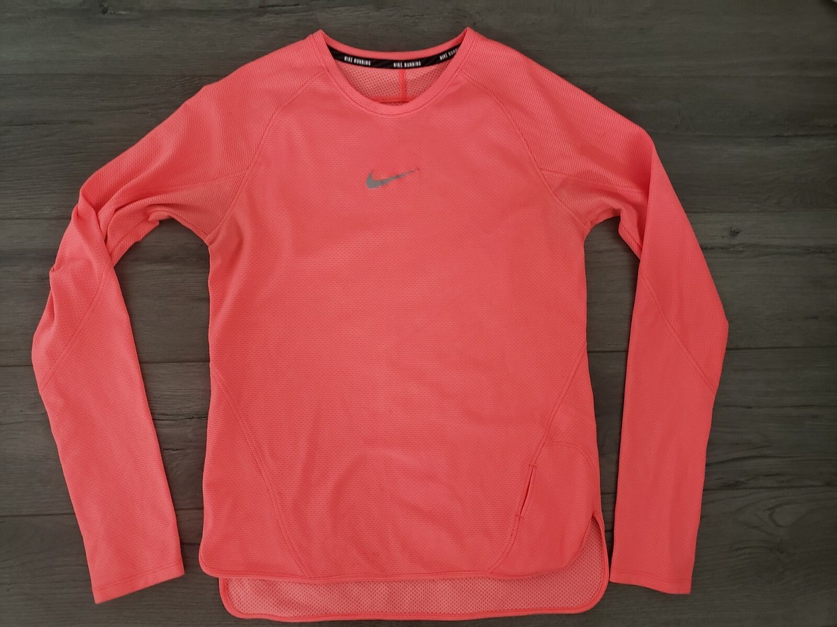 Nike Dri-Fit Running Orange Long Sleeve Top For Women In Medium with thumb holes | eBay