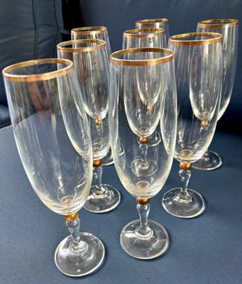 8 Bohemia Crystal Champagne Glasses Gold Rim, Gold Ball on Stem