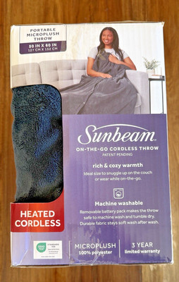 NIB SUNBEAM On The Go Cordless Heated Microplush Gray 50'' x 60'' Cape/Throw