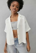 UO Gracie Dobby Shirt Urban Outfitters Buttondown Ivory Short Sleeve Top New M