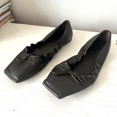 Jil Sander Flats Square Toe Ballerina Bow Sz 37 Italy Charcoal Dark Brown Gray