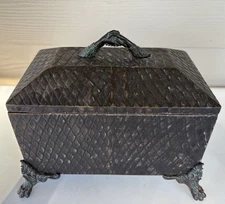Maitland-Smith Reptile Pattern Wooden Box With Brass Clasping Hands & Claw Feet