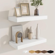 16 Inch Set of 2 White Floating Shelves Wall Mounted Wood with Invisible Bracket