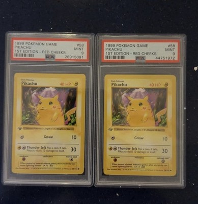 2x 1999 POKEMON BASE SET 1ST EDITION-RED CHEEKS #58 PIKACHU PSA 9