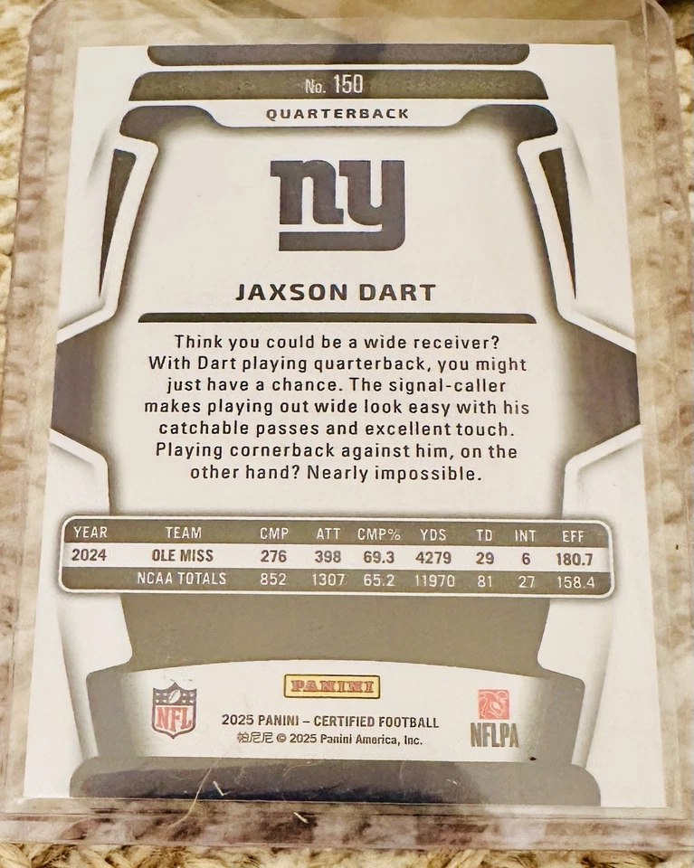 JAXSON DART - 2025 Certified Football RC Mirror Teal Parallel # 66/75 🔥 Giants! - Image 3 of 3