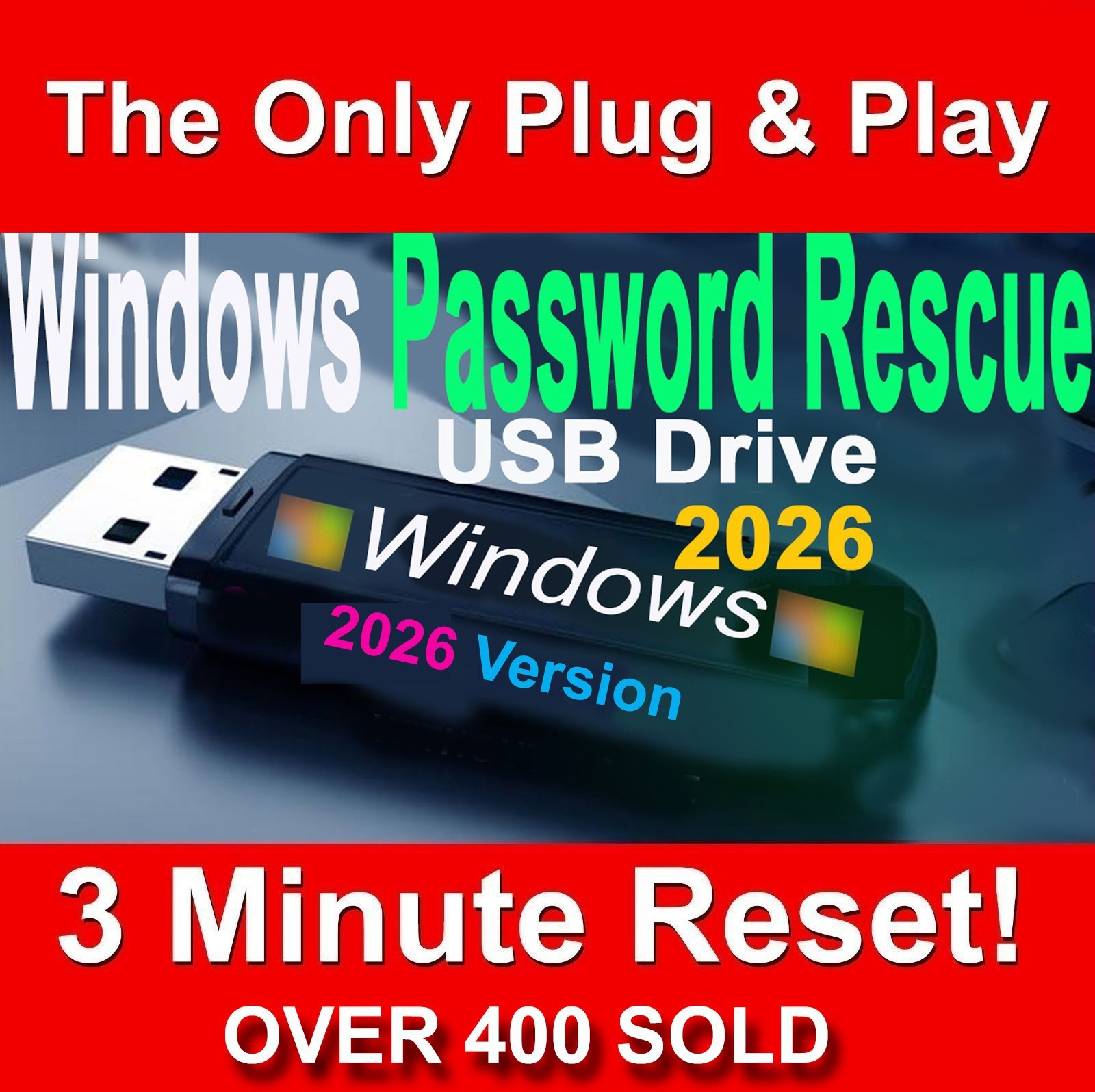 2026 Windows Password 3 min Reset USB. Win 11, 10, 8.1, 8, 7, XP, Vista, Server
