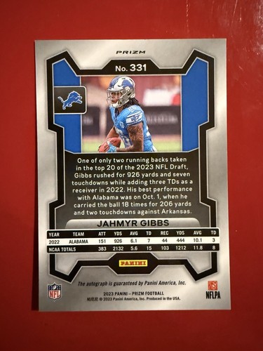 Jahmyr Gibbs Silver Prizm Rookie Auto 2023 Panini Prizm - Picture 3 of 3