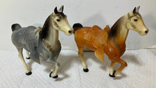 2 Vintage Plastic Horse Figures Western Toy Hong Kong with Saddles