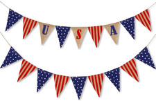 2 Pack Patriotic Burlap Banner 4Th of July USA Flag Pennant Bunting Garland Red