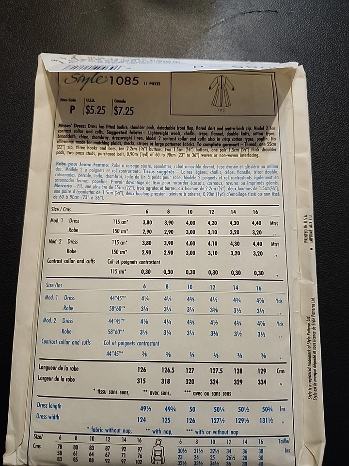 STYLE Sewing Pattern 1085  Sz H 6-8-10 Double Breasted Dress Vintage 1986 UnCut  - Image 3 of 3