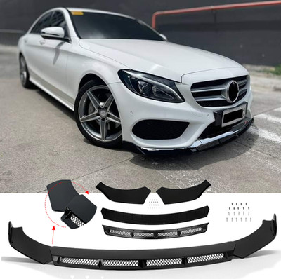 For Benz C200 C250 C300 Glossy Black Front Bumper Lip Spoiler Splitter Cover Set
