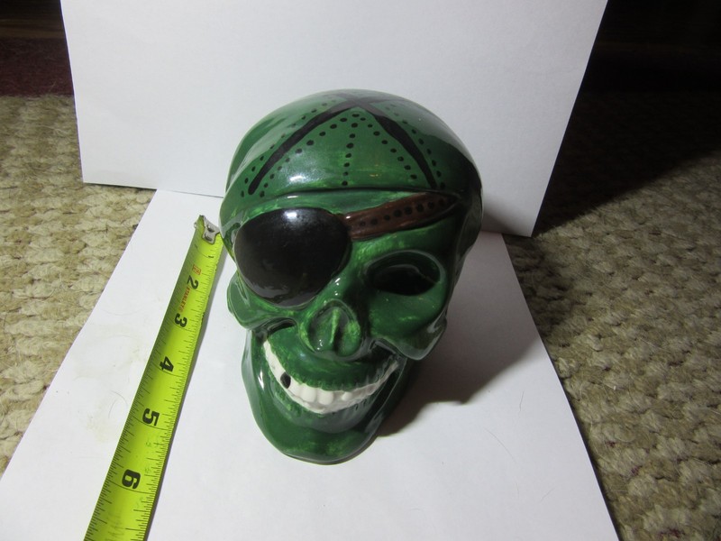 Green ceramic Pirate Skull Coin Piggy Bank  w/ stopper