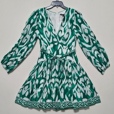 Alexis Marie Dress 8 White Green Vneck Long Sleeves Knee-length Tiered Belt 0714