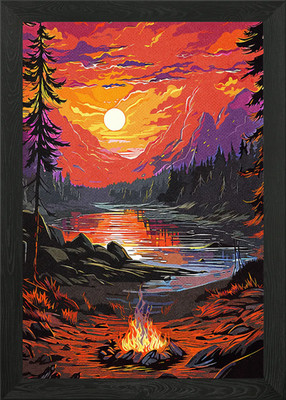 Bonfire By The Lake Framed Wall Art Poster Canvas Print Picture