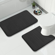2 PCS Memory Foam Bath Mat Set Super Soft Non Slip Black 31.5x20/24x20 Inch