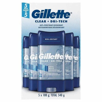 5 PACK Gillette Clear Gel Men's Antiperspirant & Deodorant, Cool Wave 3.8 oz.
