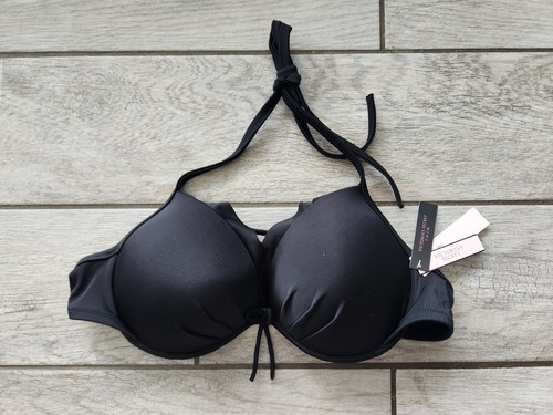 Victorias Secret Push Up Bikini Top 36C Black Halter Swim Underwire Ruffled NEW - Picture 4 of 10