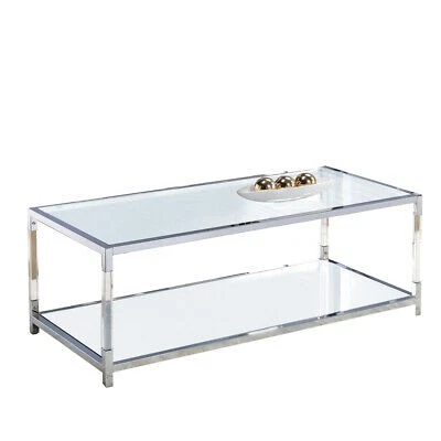 Glass Top Metal Coffee Table With Open Bottom Shelf, Silver And Clear- Saltoro