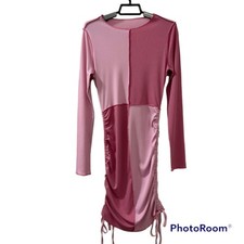 SHEIN Womens M Pink Colorblock Ribd Ruched Drawstring Long Sleeve Bodycon Dress