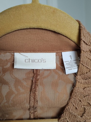 Chico's Size 1 Women Medium Lace Ruffle Jacket Tan Open Front Ruched Sleeve - Picture 2 of 5