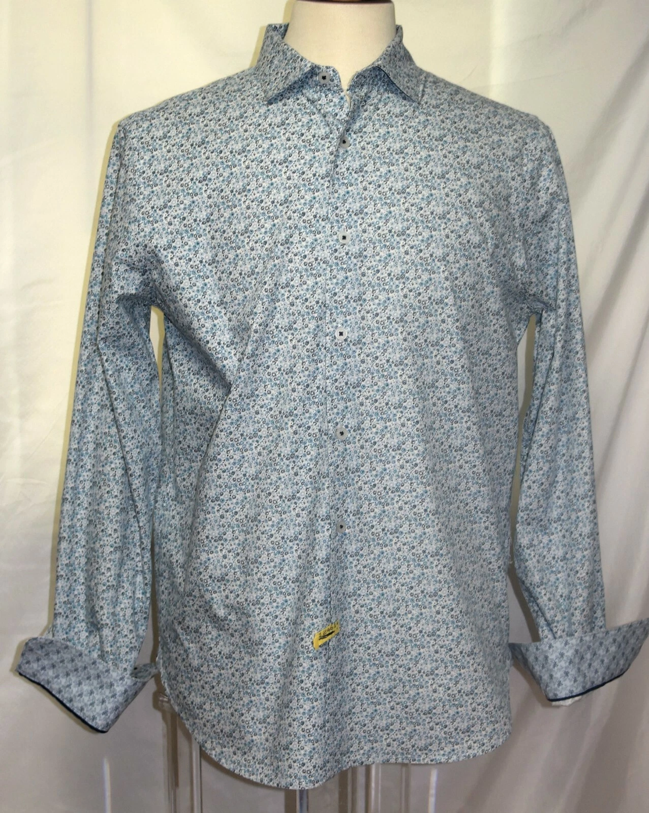 Denim & Flower White/Blue Cotton Chintz Floral Mix Shirt-Slim L-Contrasting Cuff