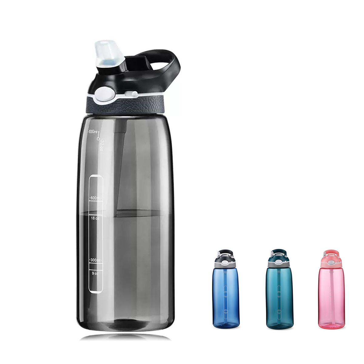DEARART 32oz ( 1000ml ) Black Water Bottle with Straw, BPA FREE Flip Up