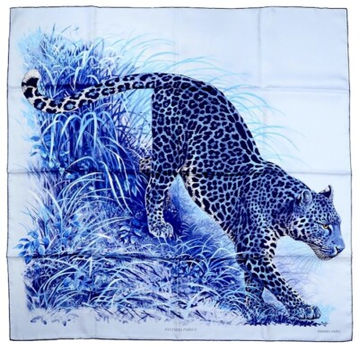 Hermes Scarf Stole Panthera Pardus Sky Navy Robert Dallet Silk Auth New Box 90cm