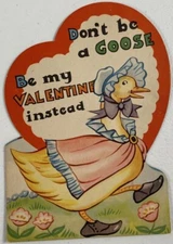 Valentines Day Card Red Heart Yellow Goose Fairfield Line Unsigned  5.5" Die Cut