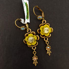 Michal Negrin Earrings Yellow 3D Rose 2" Drop Romantic Ab Crystals Summer Spark