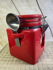 OGGI Red Coffee Tea Ceramic Square Canister Handle & Spoon Kitchen Storage 5"