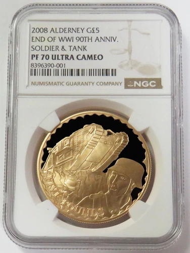 2008 GOLD ALDERNEY SOLDIER & TANK END OF WWI 90TH ANNIV NGC PF 70 UC
