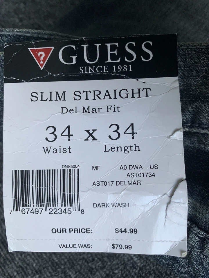 Guess Jeans Mens Slim Straight Del Mar Fit 34x34 Blue Denim Fade Distressed - Image 4 of 4