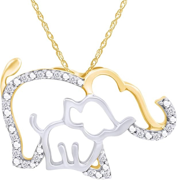 White Natural Diamond Mother & Baby Elephant Pendant Necklace in 10K Yellow Gold