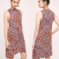 ANTHROPOLOGIE MAEVE Printed Cowl Neck Sleeveless Red Dress Sz S